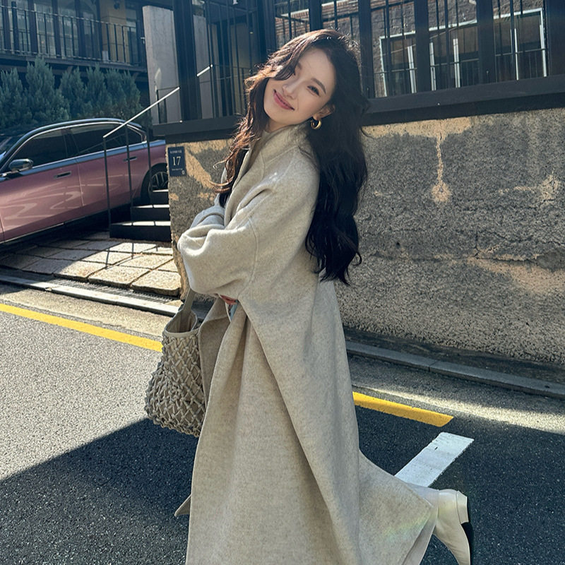 ES5102韩版百搭一粒纽扣立领中长款羊毛大衣女小个子秋冬呢子