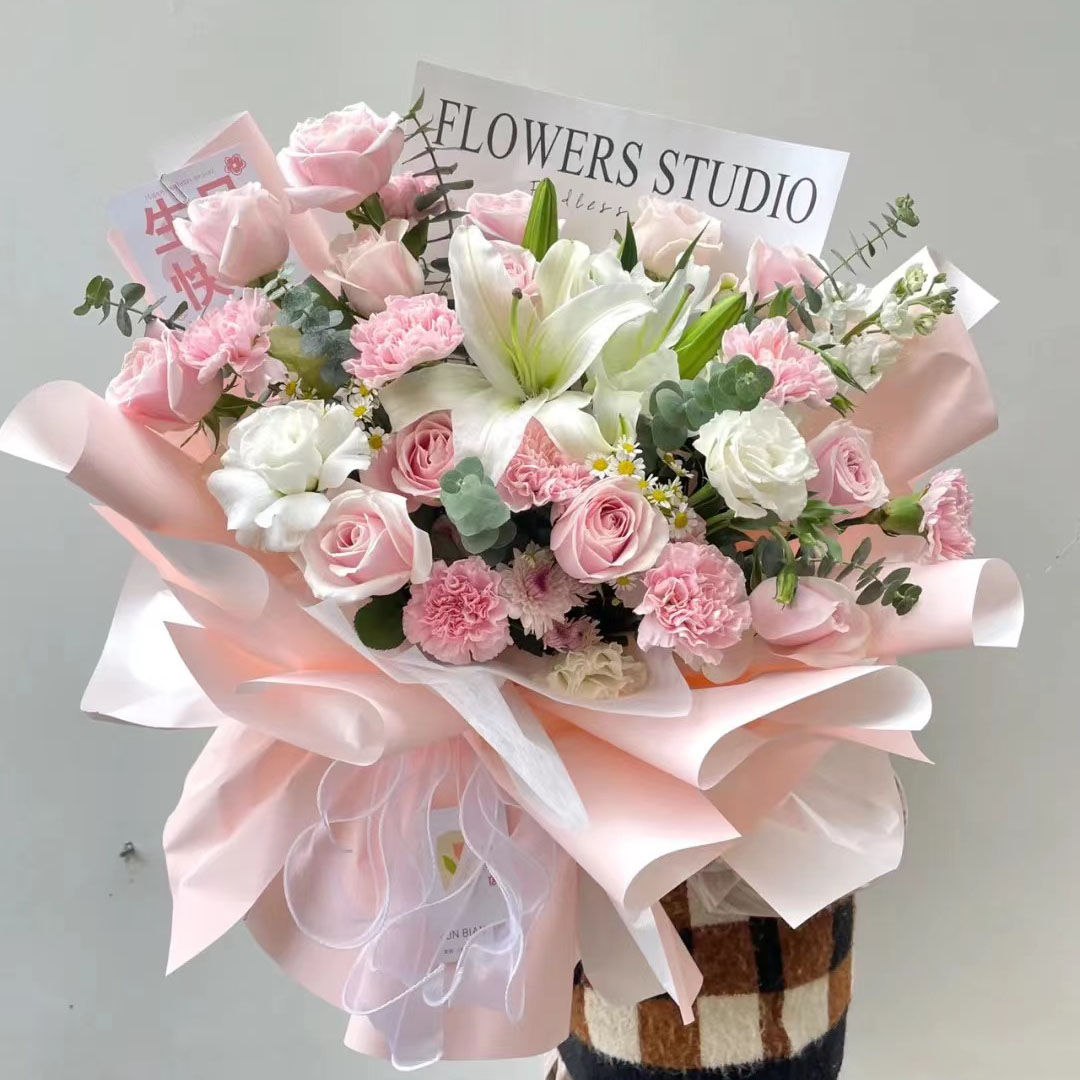 康乃馨百合北京天津西安鲜花速递同城配百合送妈妈长辈花束情人节