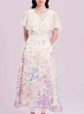 现货音影儿2025夏季新款拉珂同款优雅晕染印花收腰连衣裙RF06932V
