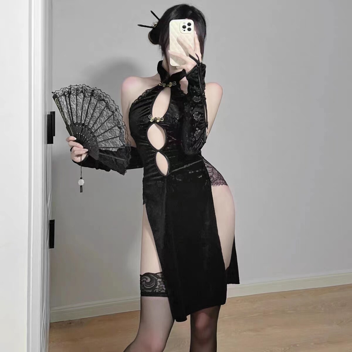 镂空露背花边性感旗袍私房睡裙女