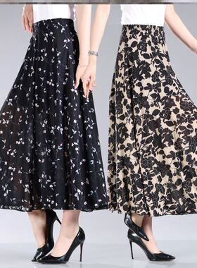 中老年妈妈女装半身裙松紧腰花色长裙夏季加长款82CM广场舞蹈薄款