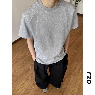 型体恤衫 空气棉正肩短袖 重磅宽松小领口拼接boxy版 美式 t恤男夏季