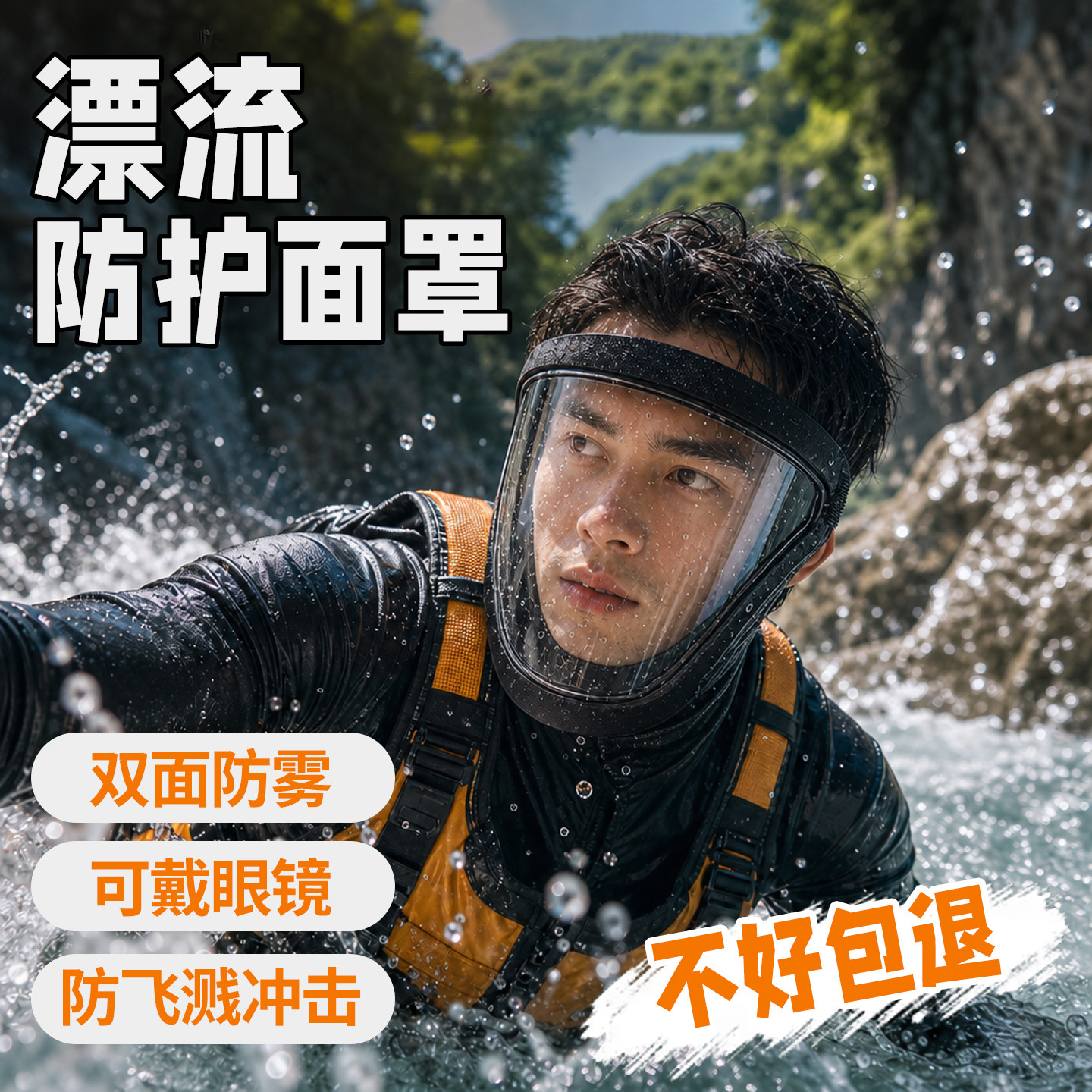 漂流专用防水面罩泼水节护目镜全脸防护可戴近视眼镜骑行成人防雨