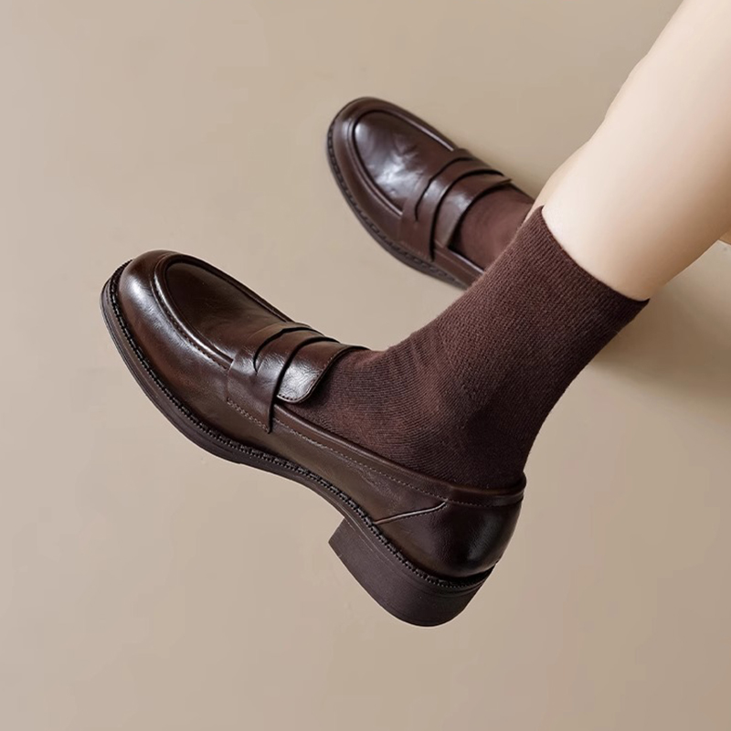 真皮厚底乐福鞋女2025年新款秋冬季棕色单鞋覆古通勤英伦风小皮鞋