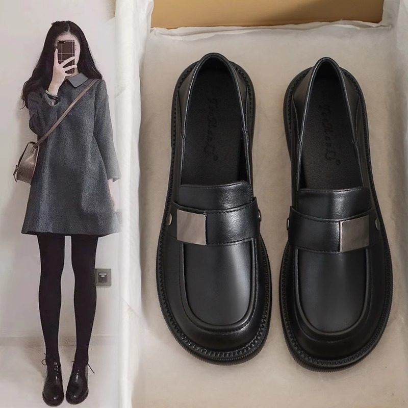 真皮小皮鞋女2025春秋英伦风黑色大尺码平底软底豆豆厚底时尚乐福,女鞋,乐福鞋（豆豆鞋）,淘宝优惠券,粉丝福利购,淘宝优惠卷