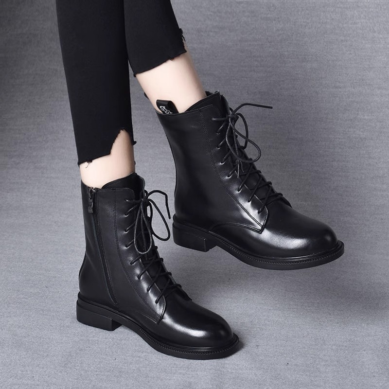 真皮平底马丁靴女2025年秋冬季新款软底短靴时尚百搭舒适中筒靴子