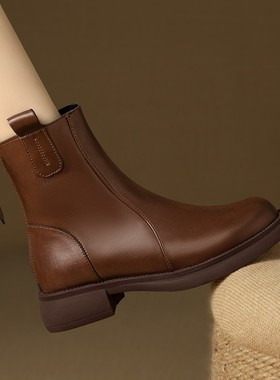 软底真皮短筒马丁靴女2025年秋冬季新款加绒舒适圆头中跟切尔西靴