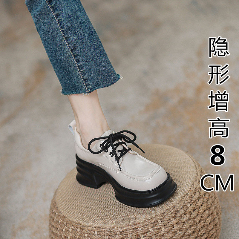 真皮英伦风系带小皮鞋女2025春季新款小个子高跟厚底内增高乐福鞋