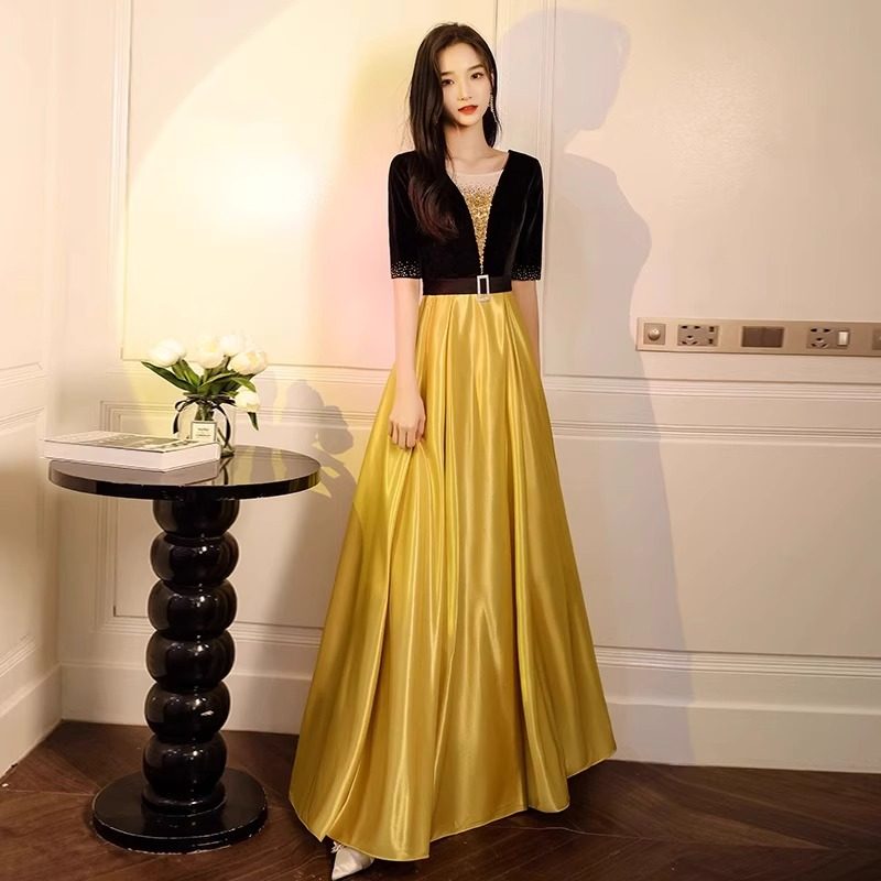 大合唱团演出服女长裙礼服黄色表民族服装/舞台装