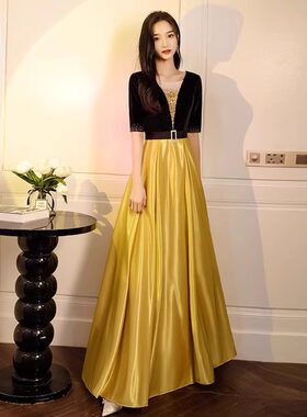大合唱团演出服女长裙礼服黄色表演服中老年合唱团演出服红歌比赛