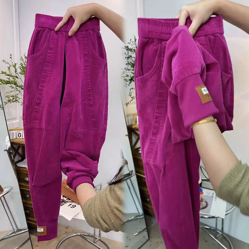 高腰宽松休闲长裤条绒哈伦裤