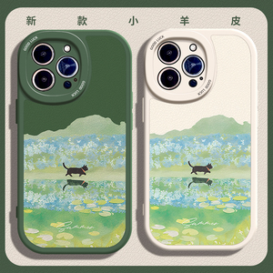 雅川青风景油画适用苹果14手机壳13Pro max硅胶iPhone15小羊皮新款12全包华为mate40e小众华为nova11高级感女