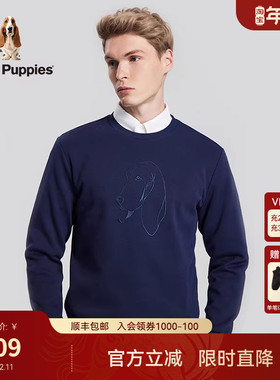 Hush Puppies暇步士男装秋季弹力挺括时尚绣花圆领长袖休闲卫衣