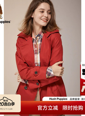 Hush Puppies暇步士女装秋季红色大衣挺括不易皱通勤连帽风衣外套