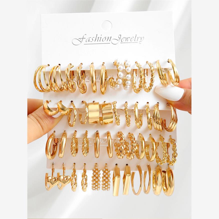 黄金颜色覆古箍耳环集为妇女波西米亚金属Ci