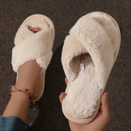 Fashion Women Fluffy Slippers Cross Band Soft Plush Cozy Hou