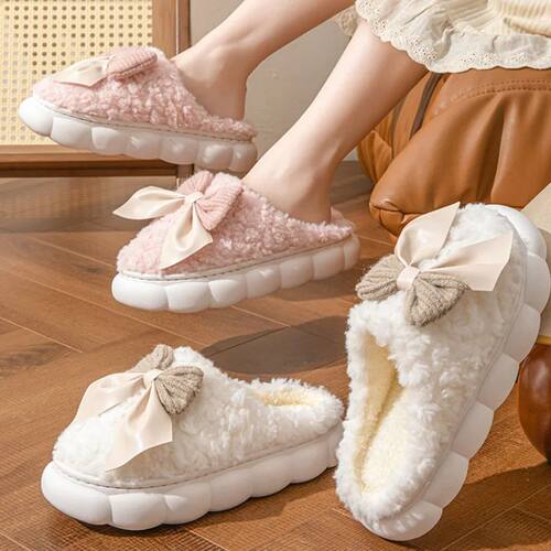 Winter Warm Fur Slippers for Women Cute bow House Non Slip S