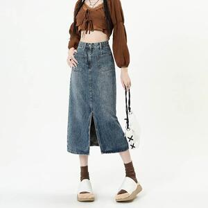 小野猫大码女装复古蓝开叉牛仔半身裙小个子中长款高腰显瘦包臀裙