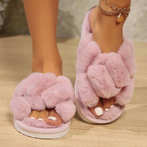 Women's Fluffy Cross Strap Fur Slippers Lightweight Soft War