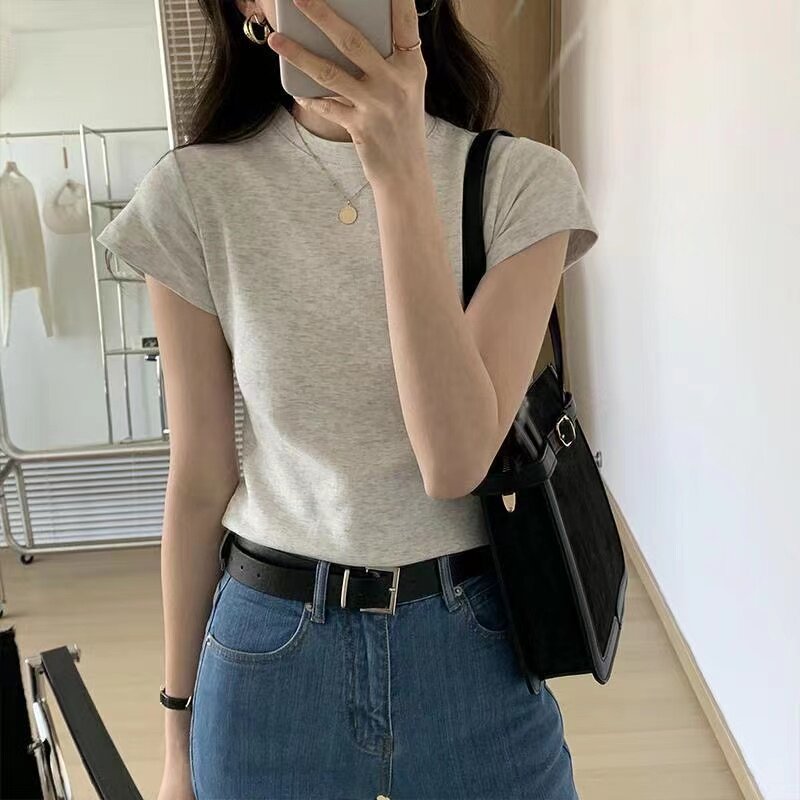 夏季纯棉不透正肩白色短袖t恤女款圆领叠穿打底体恤修身显瘦上衣