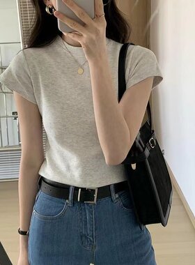 夏季纯棉不透正肩白色短袖t恤女款圆领叠穿打底体恤修身显瘦上衣