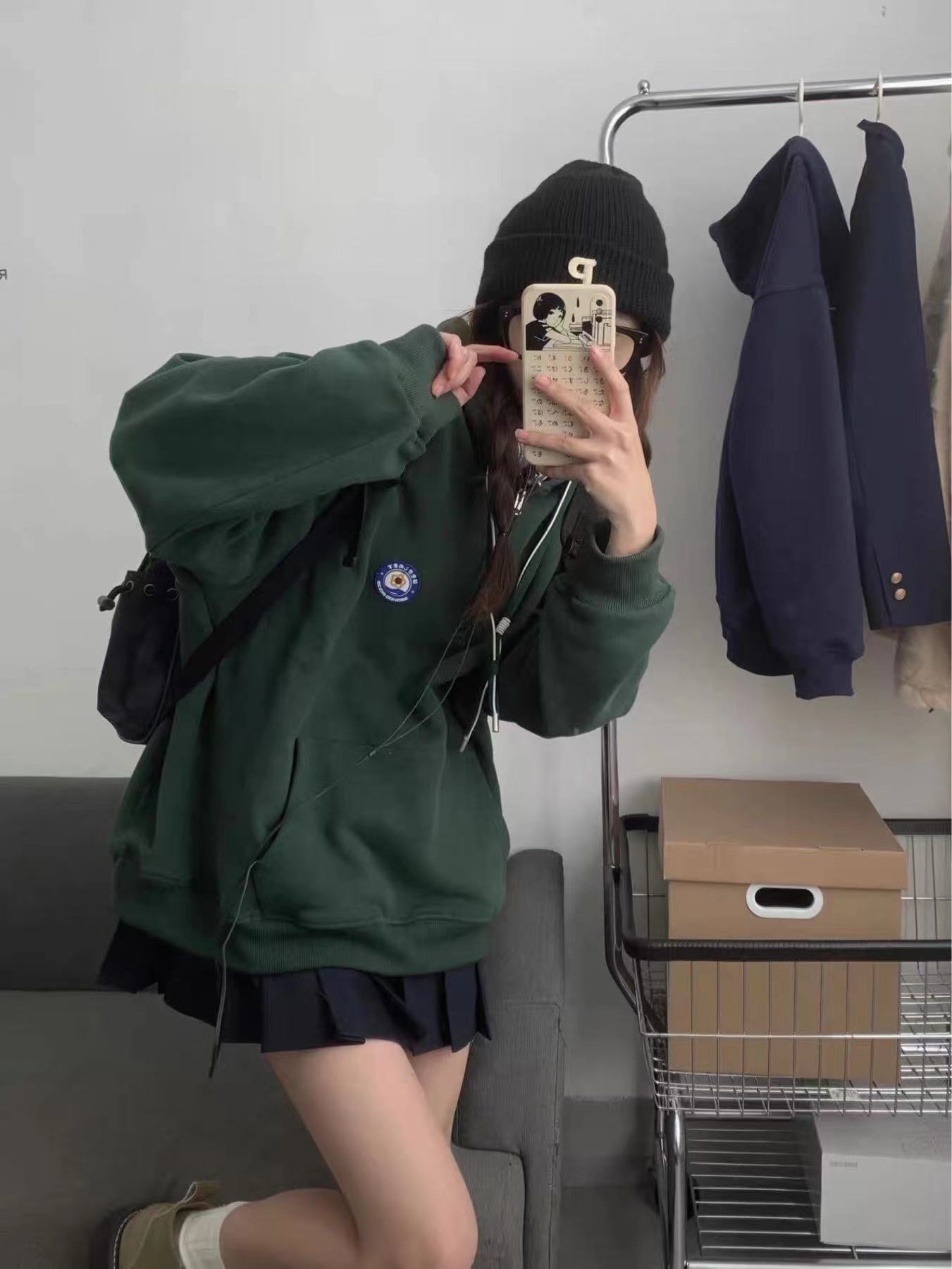 纯棉卫衣女连帽保暖春秋季连帽拉链新款绿色小众宽松上衣ins潮薄