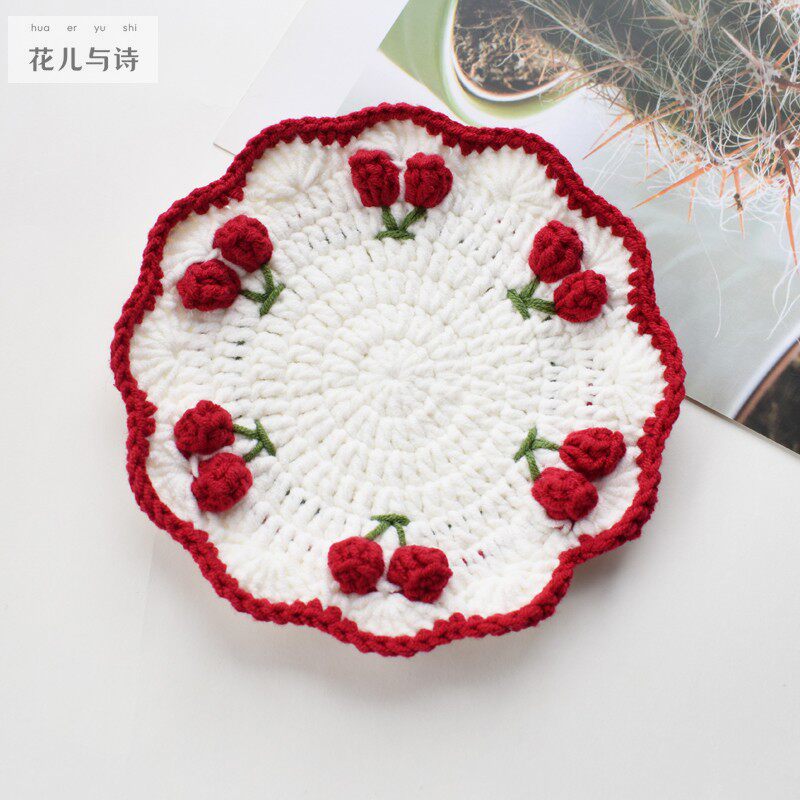 [成品]手工编织甜美樱桃杯垫养生茶壶垫装饰花片送人节日小礼品