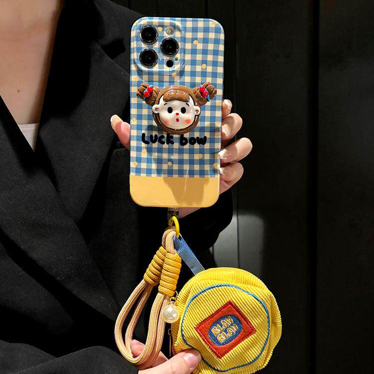 小清新格纹女孩支架适用苹果15promax斜挎手机壳iPhone14pro耳机包13promax夏手提12挂绳x/xs套