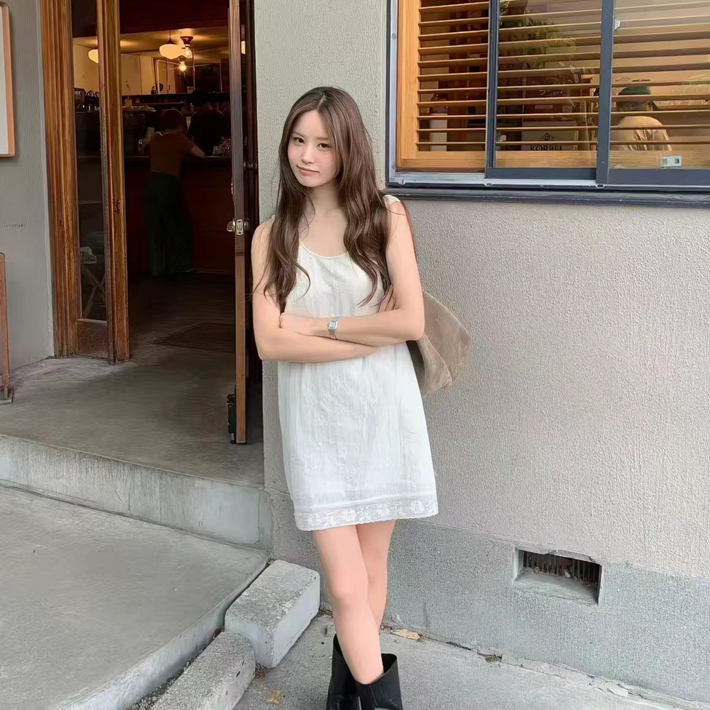 韩国OUNCE纯色蕾丝背心连衣裙女