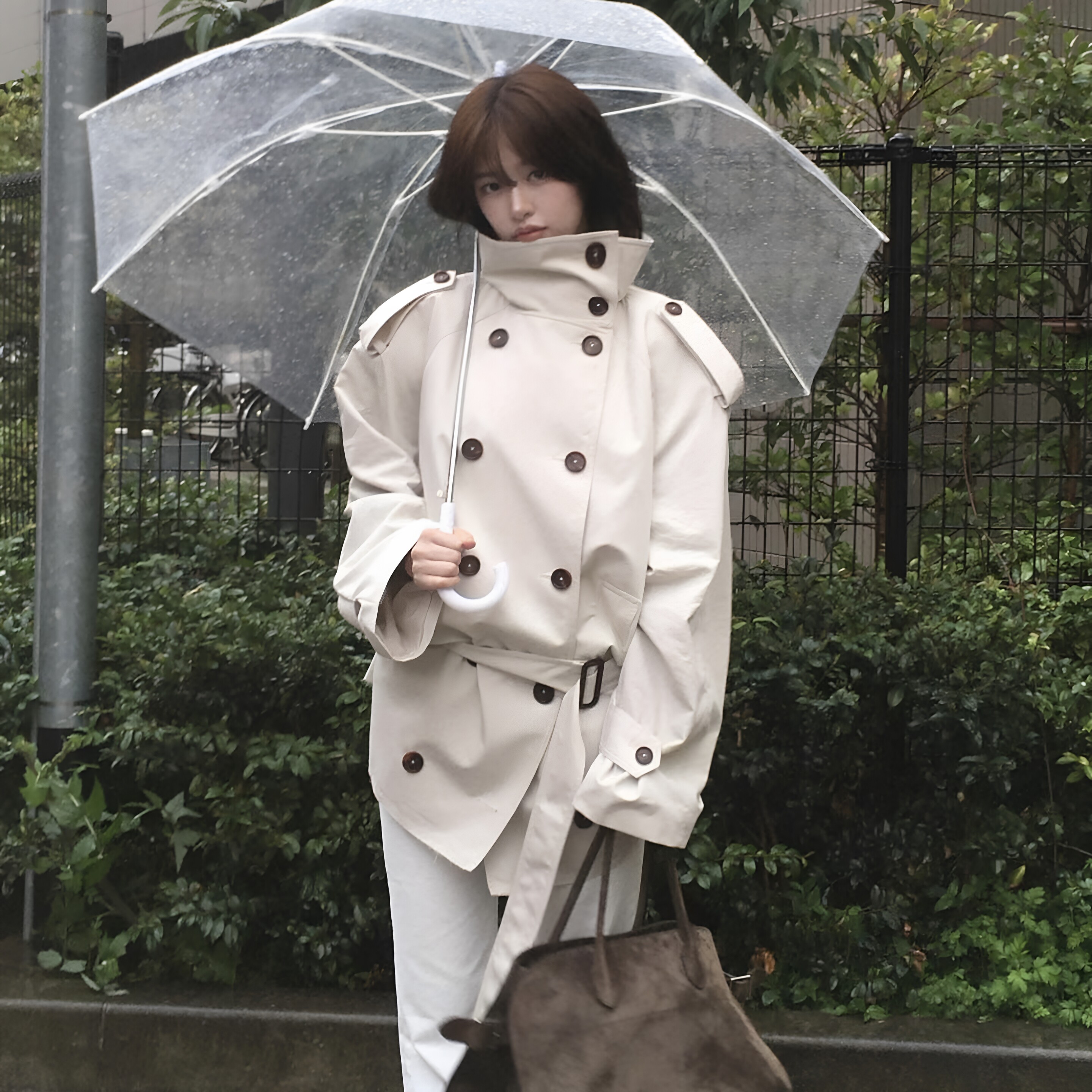 安宥真同款白色双排扣立领风衣女