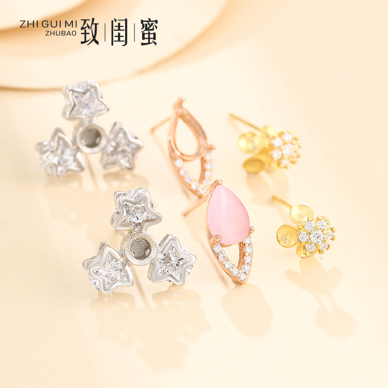 diy纯银水滴韩版镶钻珍珠耳环