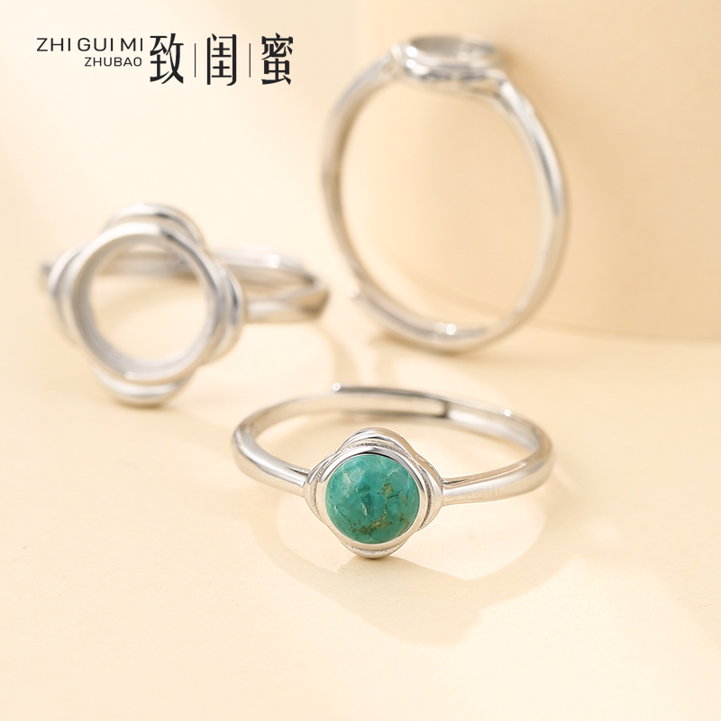 S925纯银戒指空托女款活口简约个性韩版食指环银托玛瑙和田玉戒托