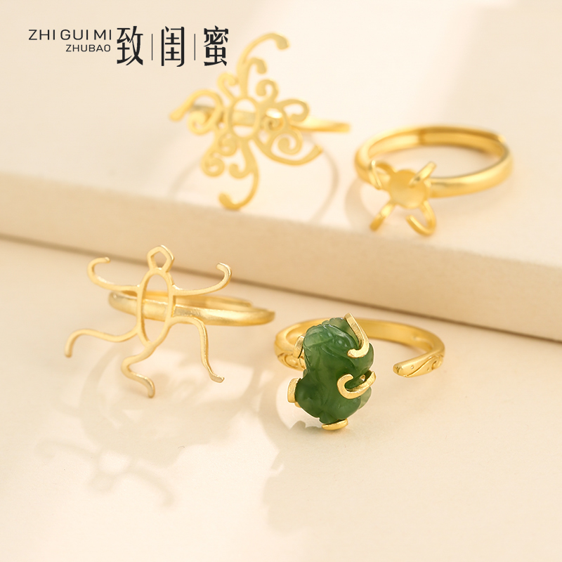 万能古法绿松石貔貅随形金戒指