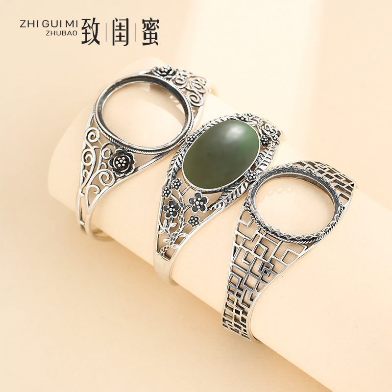 diy纯银复古花纹碧玉琥珀手环