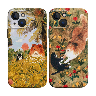 16防摔15菲林手机壳14pro全包678plus Max苹果17 田园风可爱猫咪狗狗插画适用iPhone