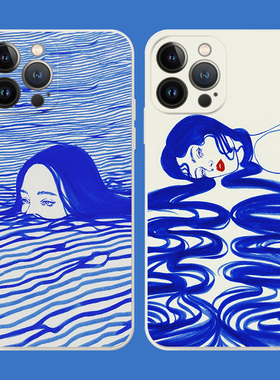 悲喜自渡意象画蓝色线条女适用iPhone XS Max苹果16软壳15pro/14手机壳678plus