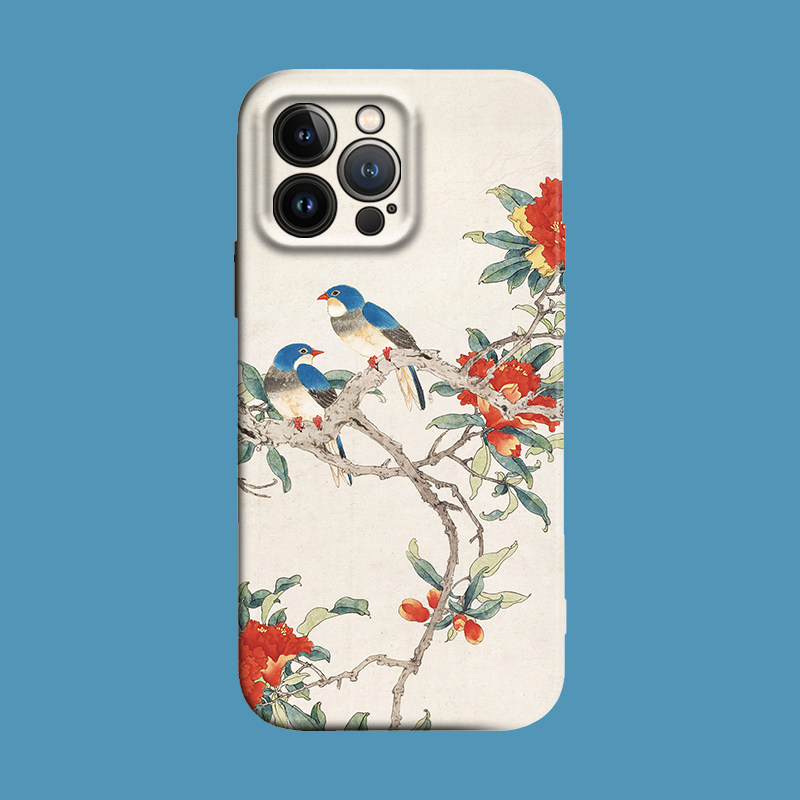 中国风石榴花双禽花鸟国画古风国潮适用iPhone17Promax防摔16pro软壳15/14plus苹果13mini手机壳12/11