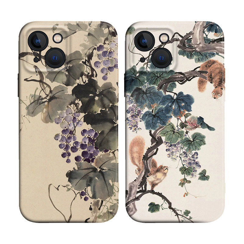 中国风松鼠葡萄艺术国画新中式适用iPhone XS Max苹果17防摔16菲林软壳15/14pro手机壳678plus