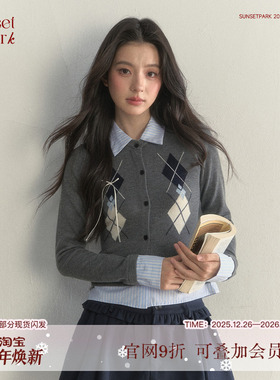 SunsetPark日落公园 复古假两件拼接衬衫菱格学院风针织毛衣上衣