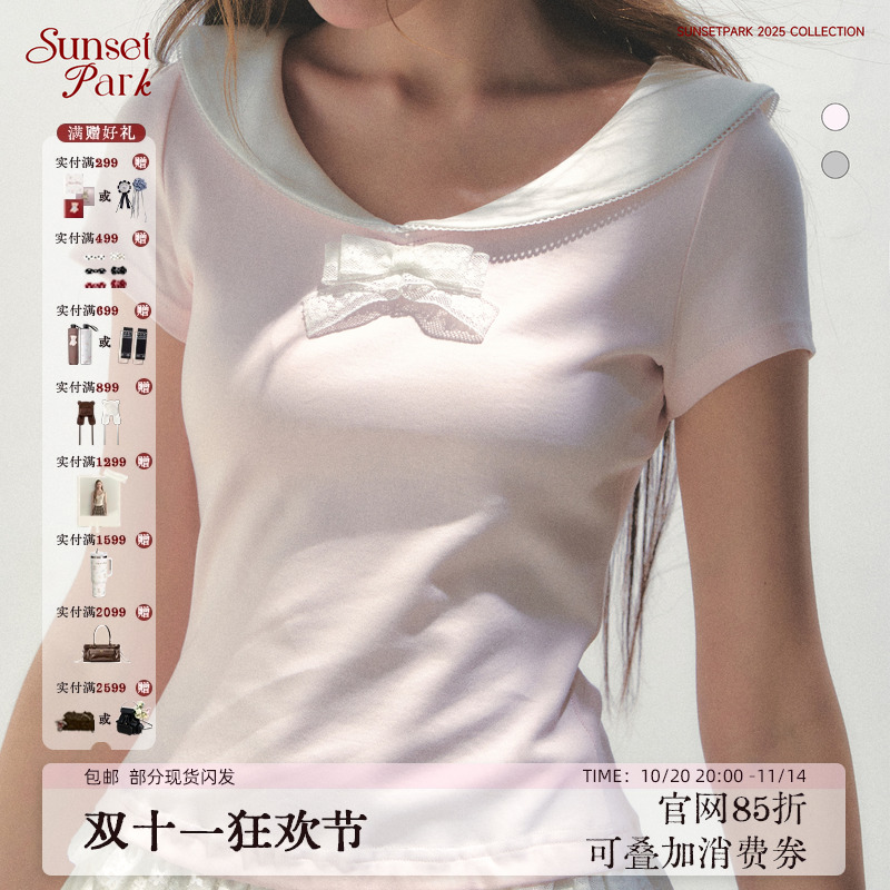 SunsetPark日落公园 Daily_彼得潘领蕾丝蝴蝶结复古短袖T恤上衣