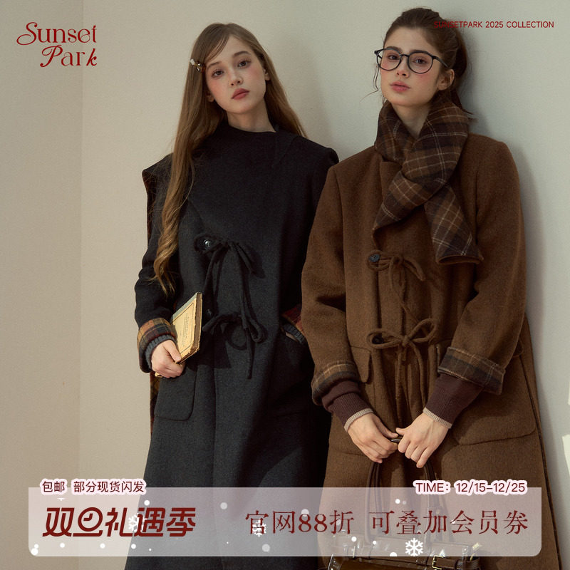 【王楚然同款】SunsetPark日落公园 复古羊毛双面呢格纹围巾大衣