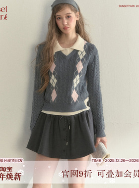 SunsetPark日落公园 复古菱格麻花学院风韩系假两件针织毛衣上衣