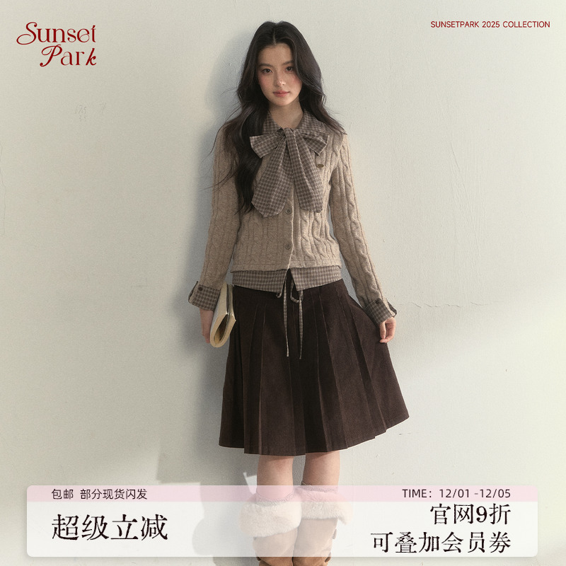 SunsetPark日落公园 复古蝴蝶结领麻花针织拼接棕/灰色学院风毛衣