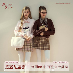 手工花 粉少女格纹毛呢A字半身裙短裙 SunsetPark日落公园 复古棕