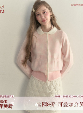 SunsetPark日落公园 小粉格温柔少女娃娃领针织长袖毛衣上衣秋冬