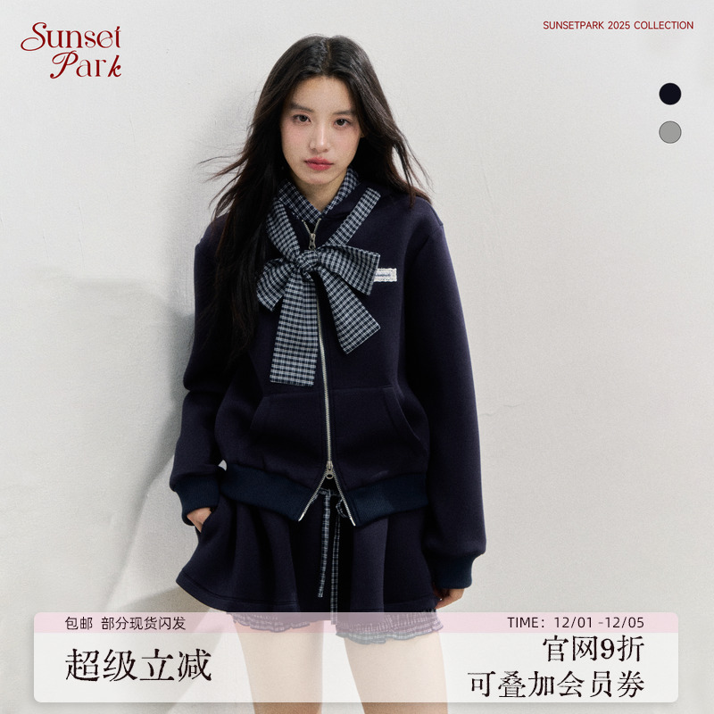 SunsetPark日落公园 舒适感学院风蝴蝶结绑带卫衣/蓬蓬半裙套装秋