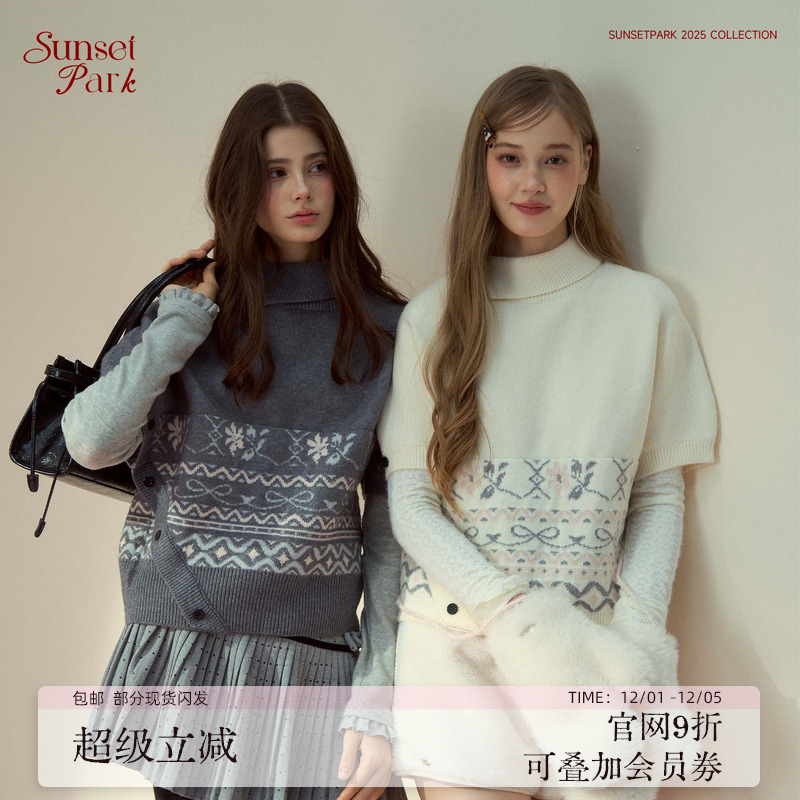 SunsetPark日落公园 学院少女费尔岛翻领设计感斗篷毛衣外套冬