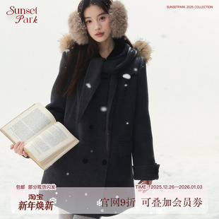 SunsetPark日落公园 娃娃领复古双排扣深灰大衣三角巾 伦敦记忆