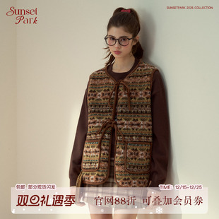 SunsetPark日落公园 双面穿蝴蝶结绑带仿皮草马甲上衣 摩卡费尔岛