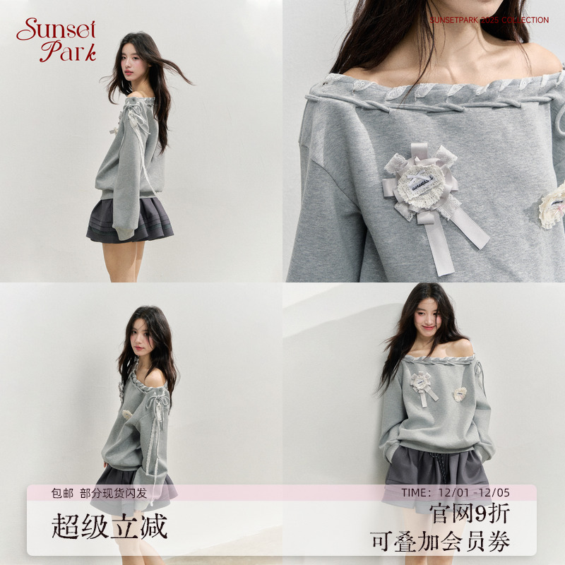 SunsetPark日落公园 灰色斜肩_徽章设计感_学院卫衣韩系休闲上衣